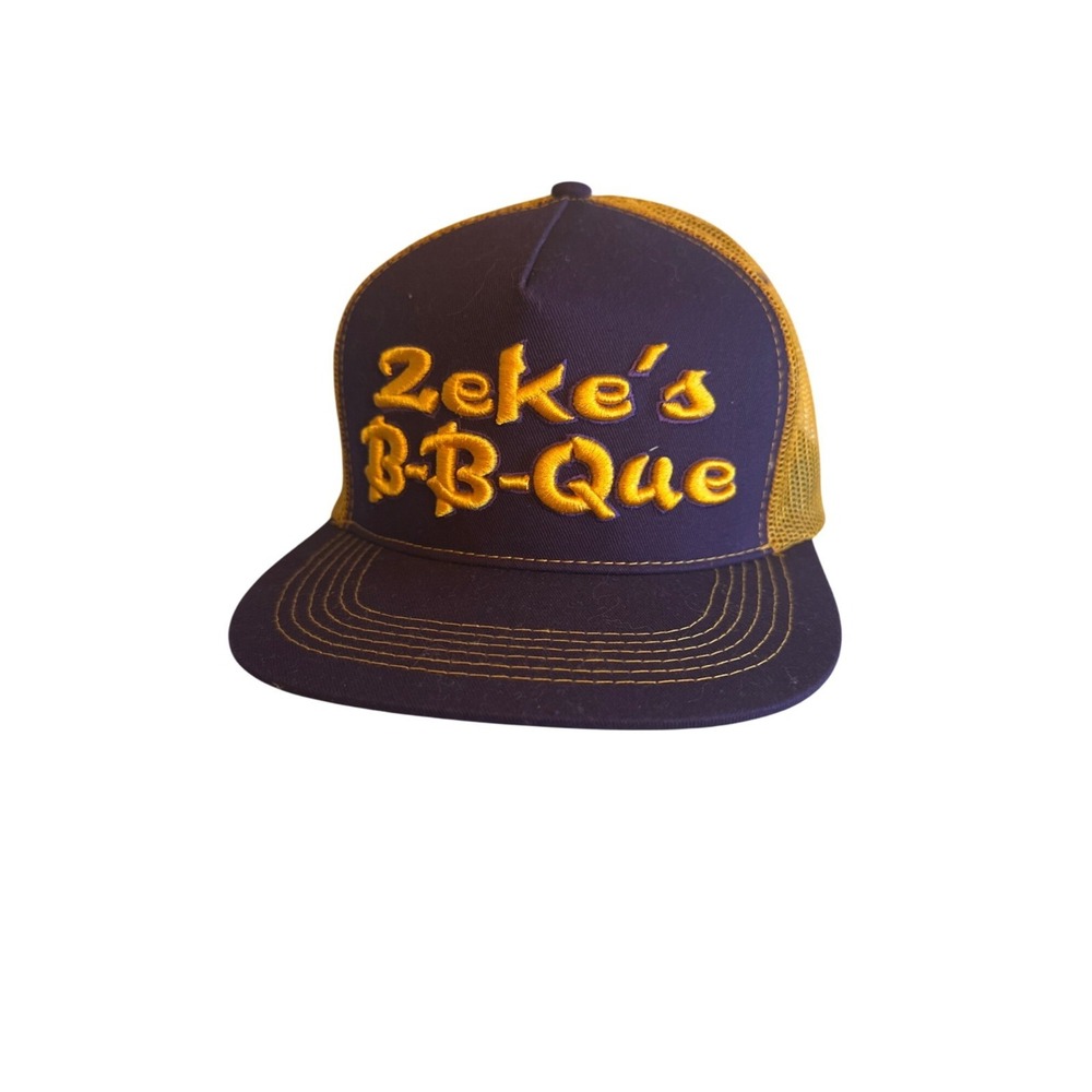 Zekes B-B-Que Trucker Hat Snapback Adjustable Mesh Cap Navy Gold
